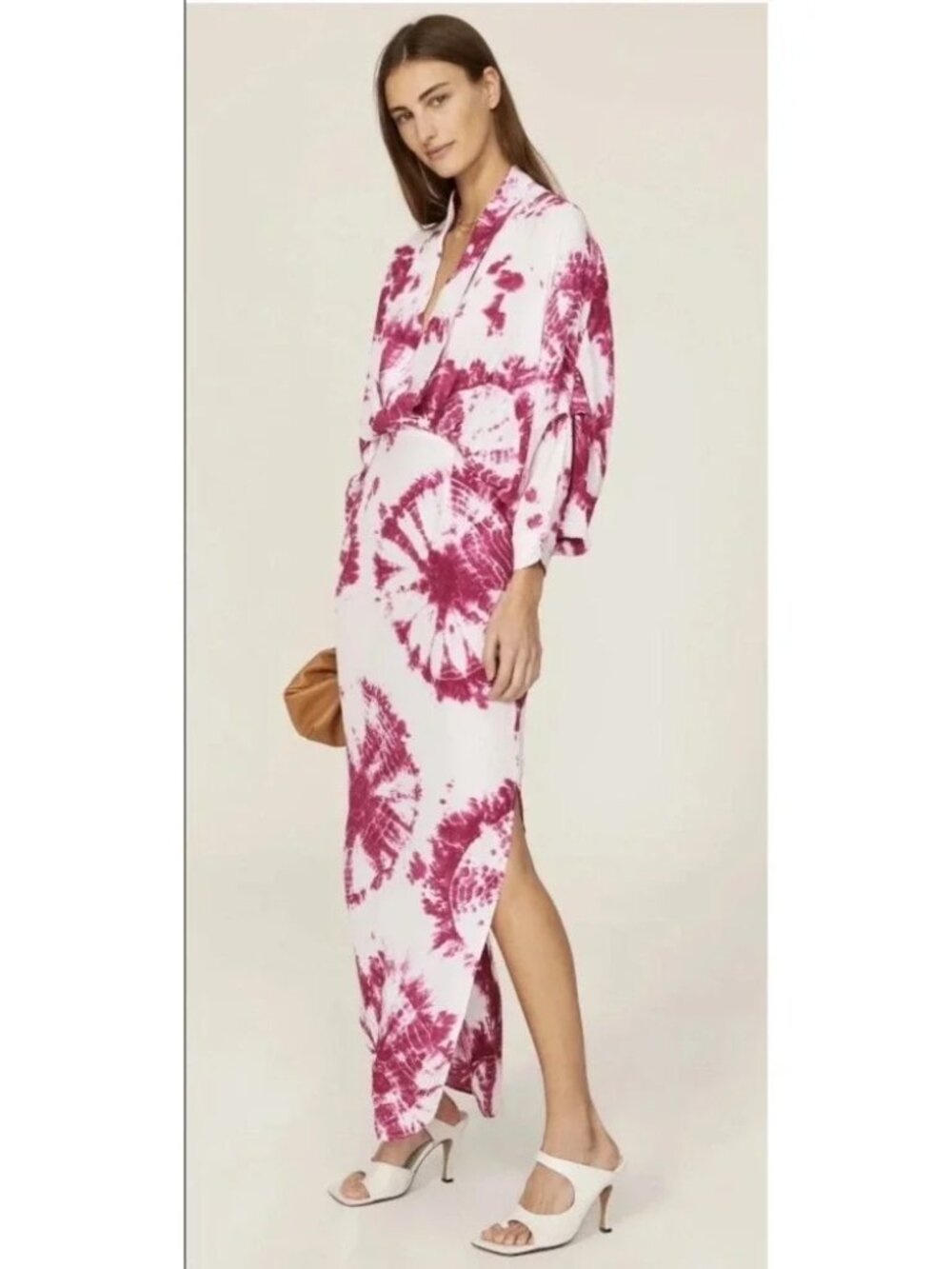 S/W/F Maxi Dress Kimono Sleeve Plunge Neck in Magenta Tie Dye Side Slits Sm Med
